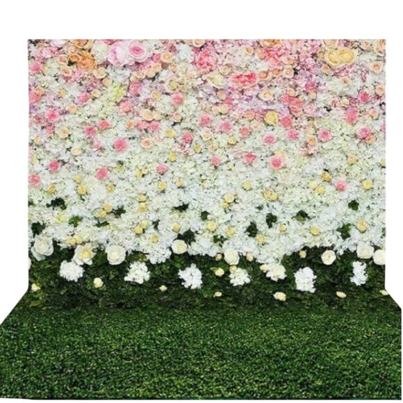 Floral Photography Backdrop – Blossom Flower Wall with Grass Base, 5'W x 6.6'H - Picture 1 of 6